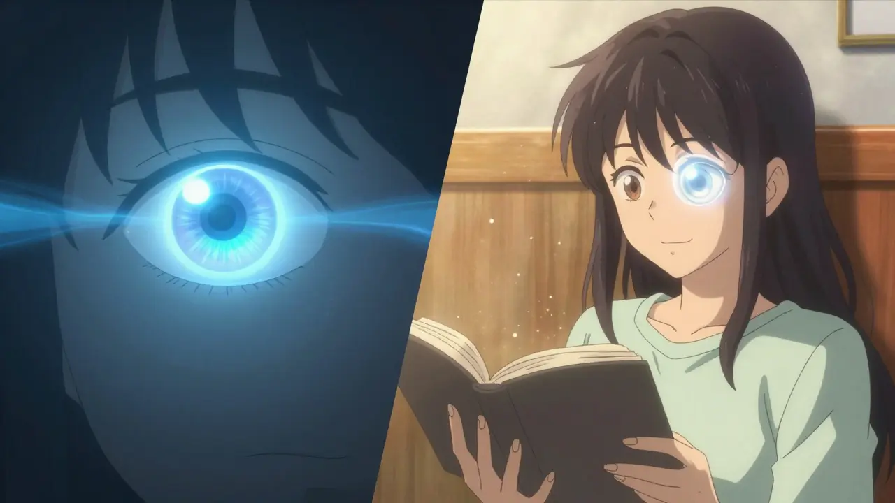 A person after eye surgery smiling while reading, with a glowing multifocal lens visible inside their eye.