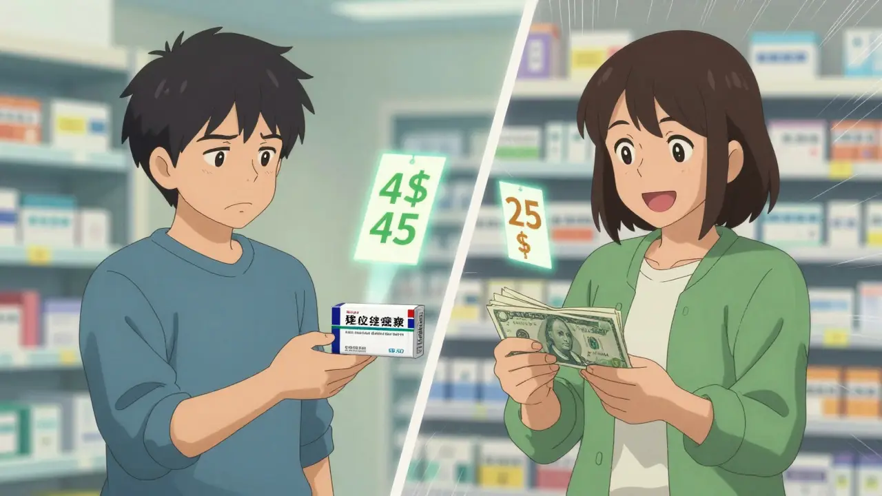 A person switching from an expensive authorized generic to a cheaper traditional generic, saving money at the pharmacy counter.