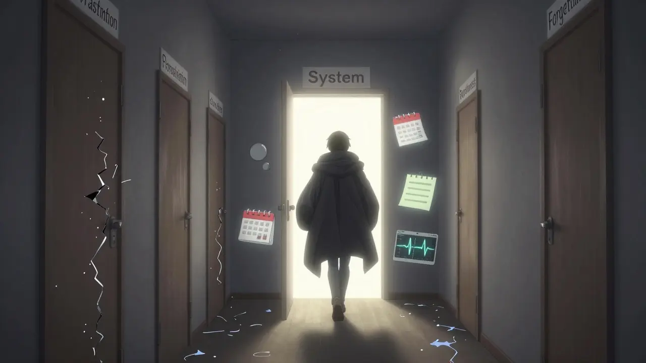 A person walking through chaotic doors into a glowing system of organization, in cinematic anime style.