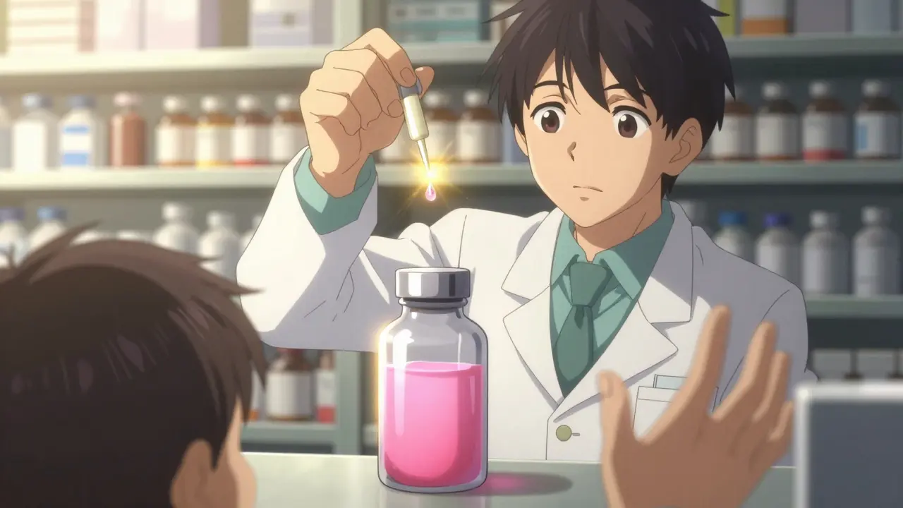 A pharmacist adding flavoring to medicine, transforming its color with golden light and shimmer.