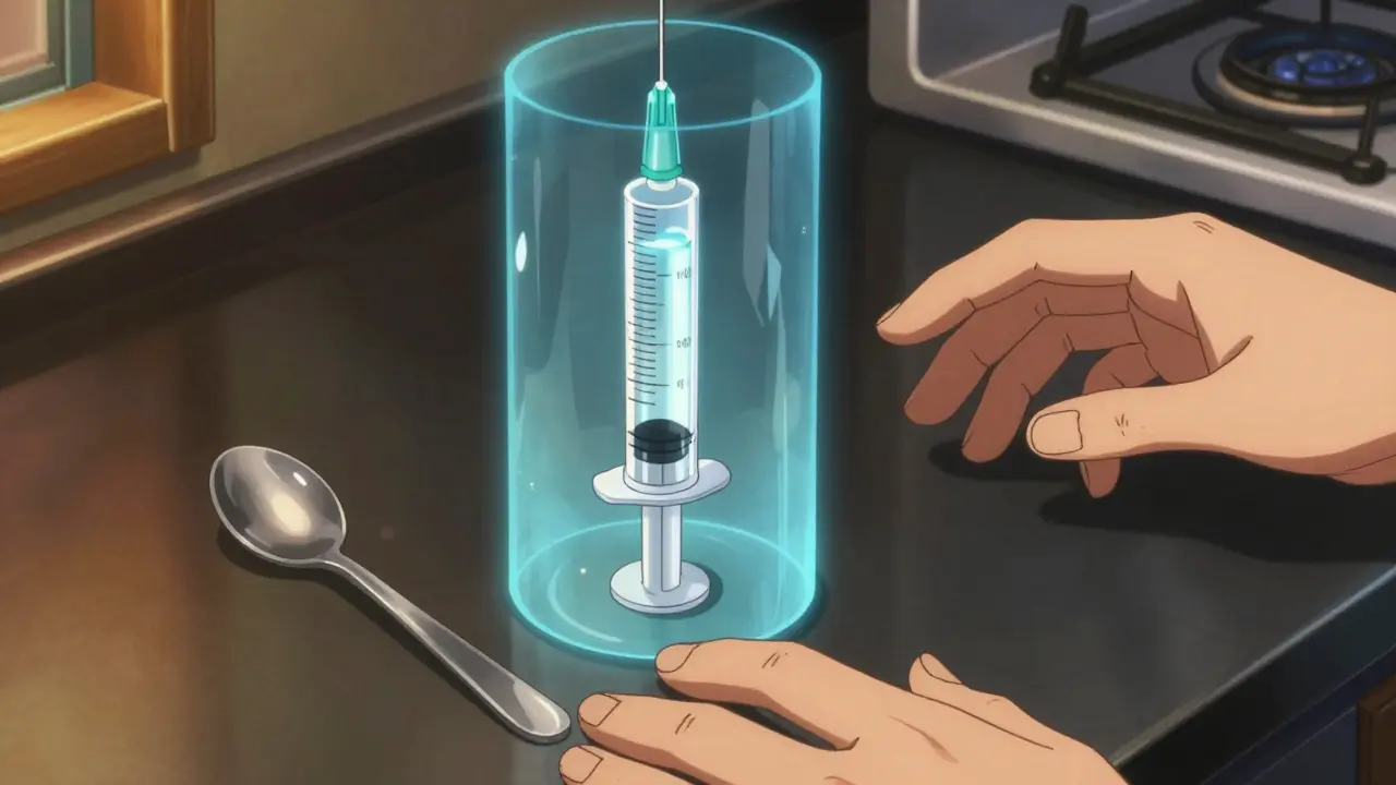 Calibrated dosing syringe glowing next to a kitchen spoon on a table.