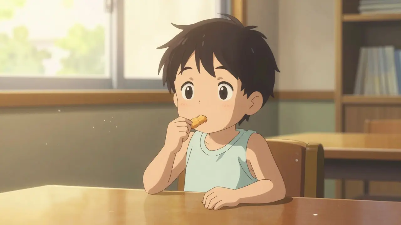 Child smiling confidently showing allergy tolerance.