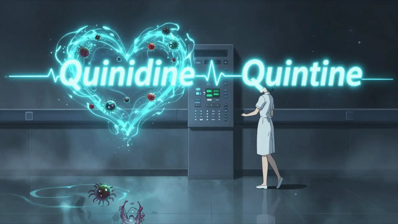 Neon drug names 'Quinidine' and 'Quinine' swirling in air as a nurse freezes, surrounded by medical intercom glow.