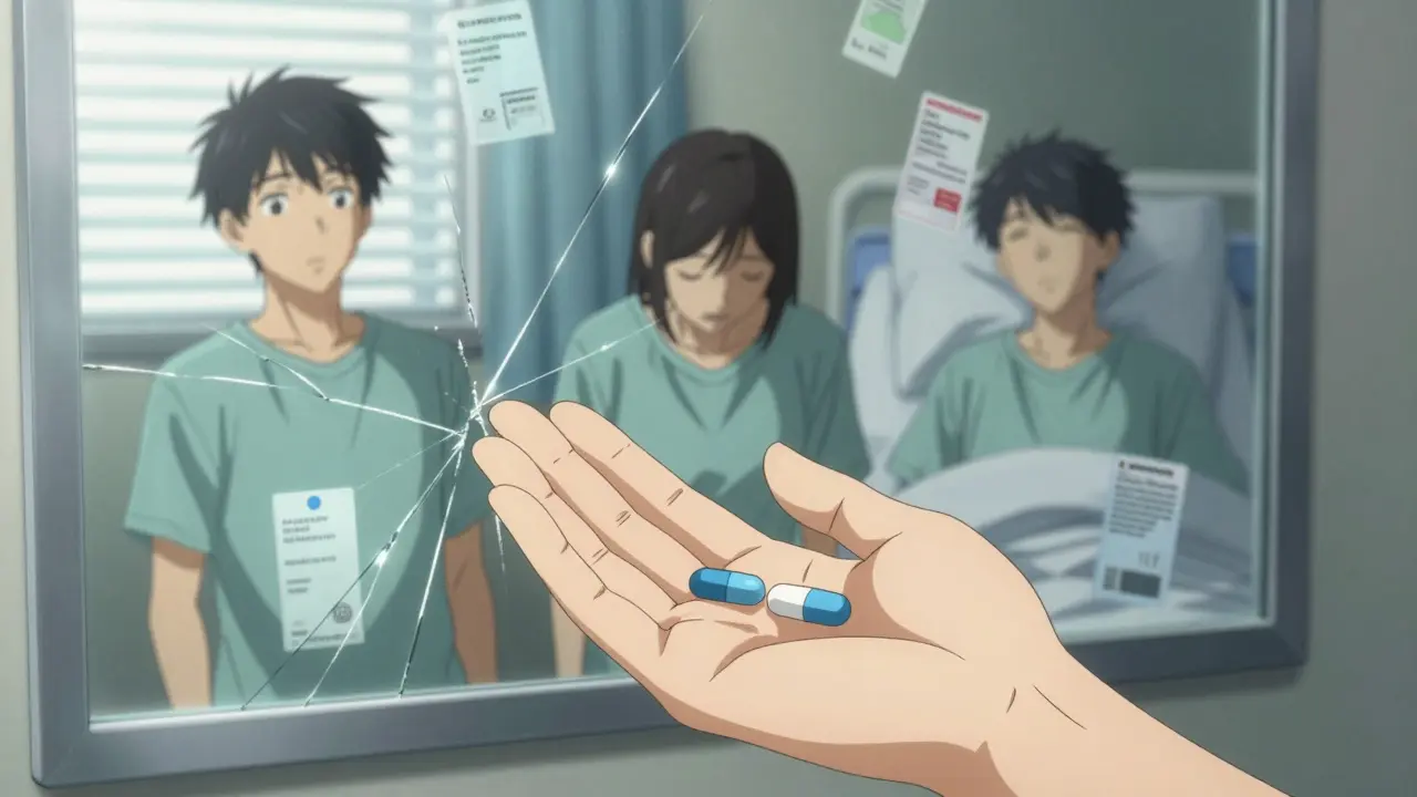 Patient holding two differently colored generic pills, reflected in a fractured mirror showing three possible outcomes.