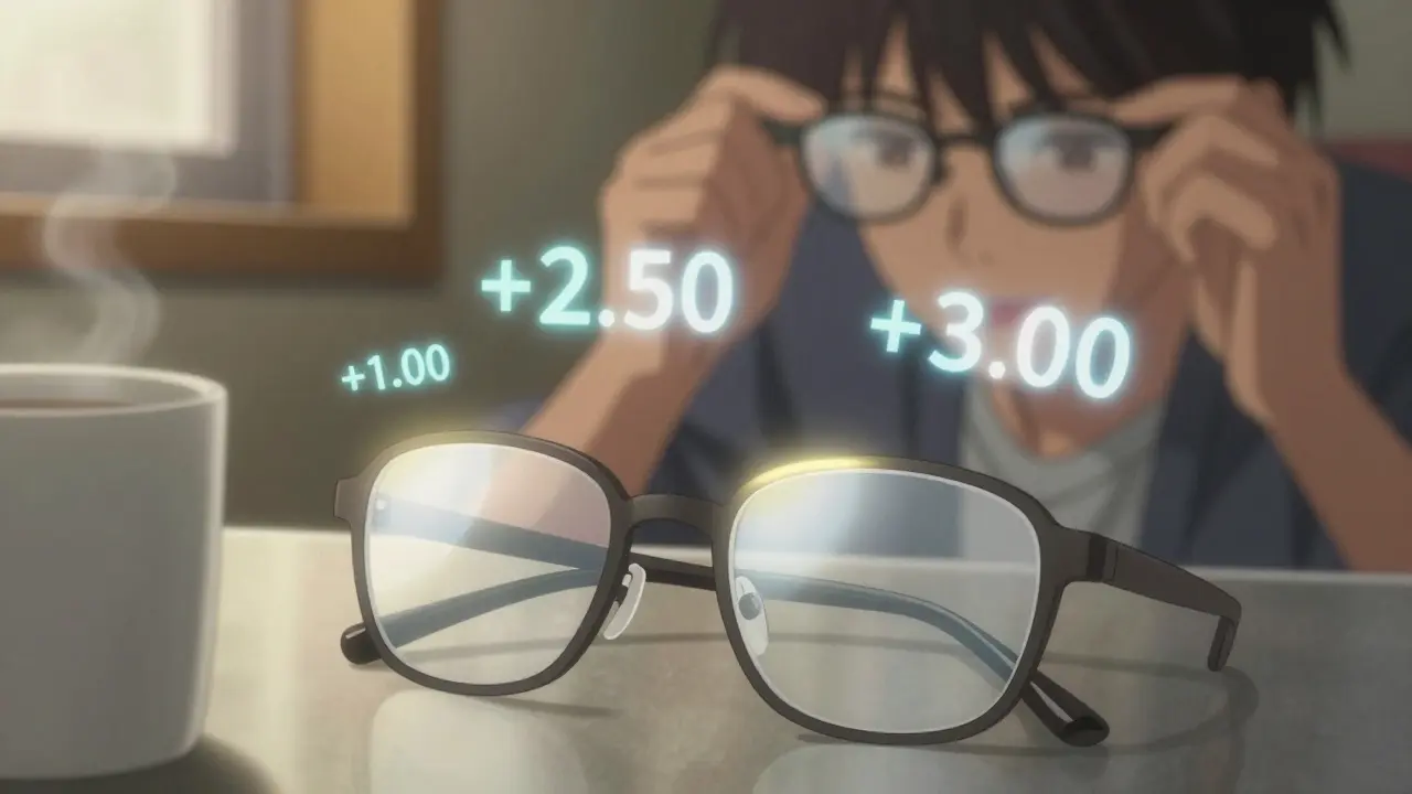 Reading glasses resting on a counter with floating diopter numbers glowing softly beside them.
