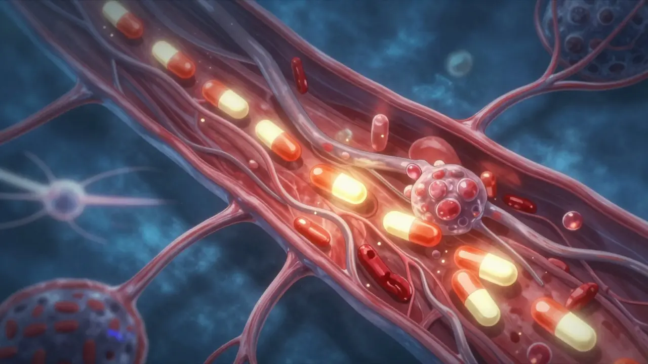 Stylized artistic view of glowing drug molecules moving through a human bloodstream.