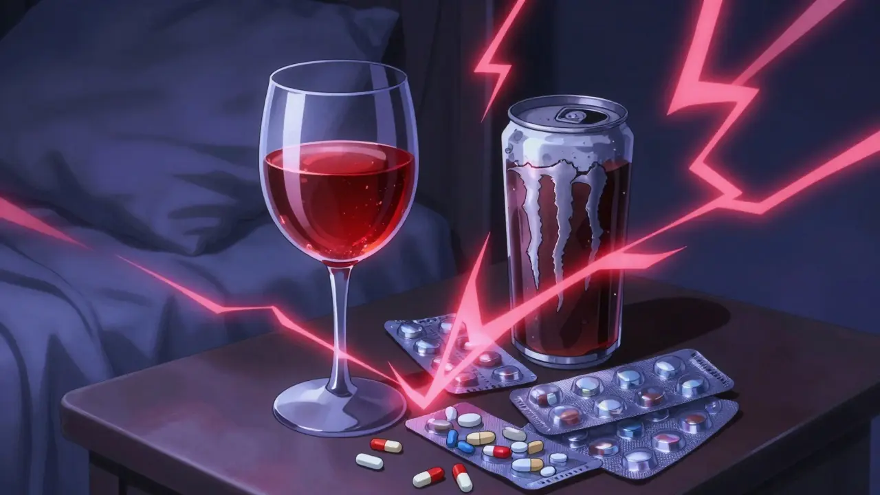 A bedside table with a glass of wine, energy drink, and pills with dramatic red energy effects.