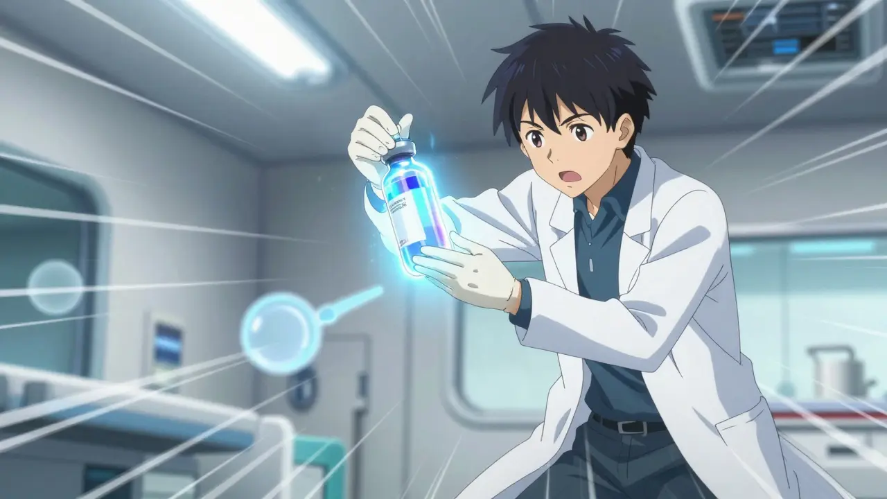 A doctor urgently preparing a glowing medical vial in a high-tech hospital setting.