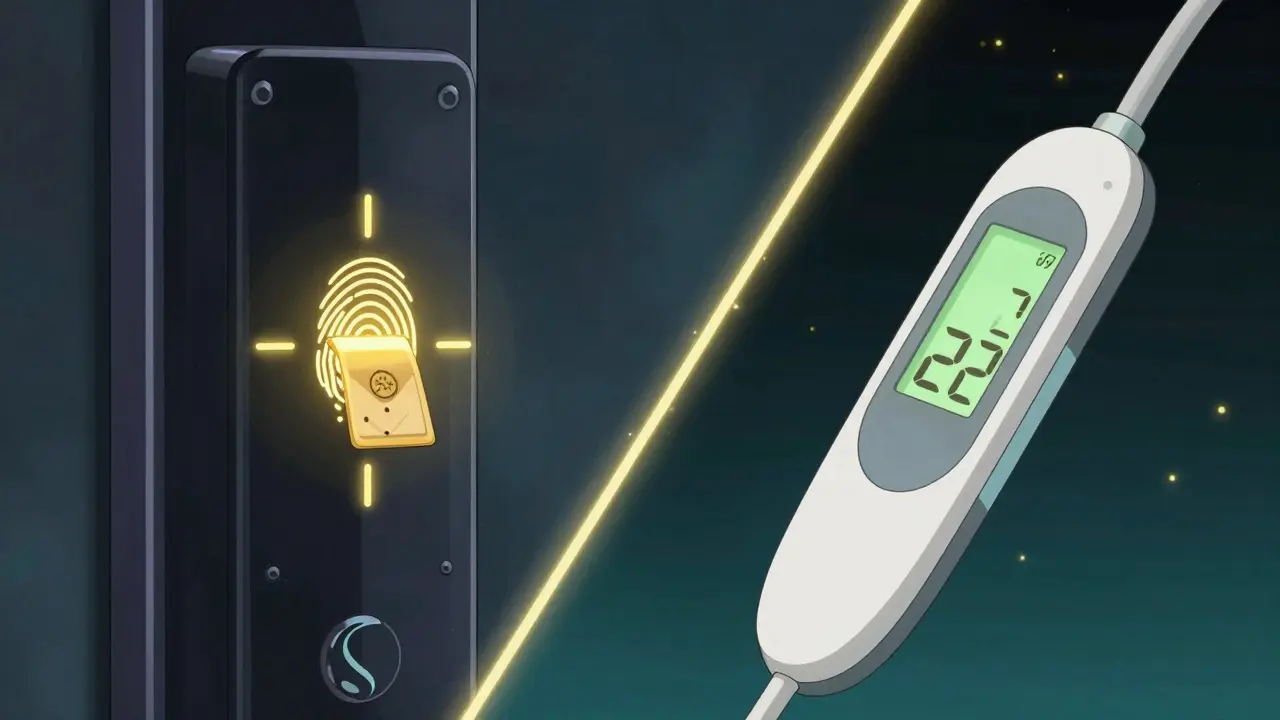 A high-tech biometric lock and digital thermometer for secure medication storage.