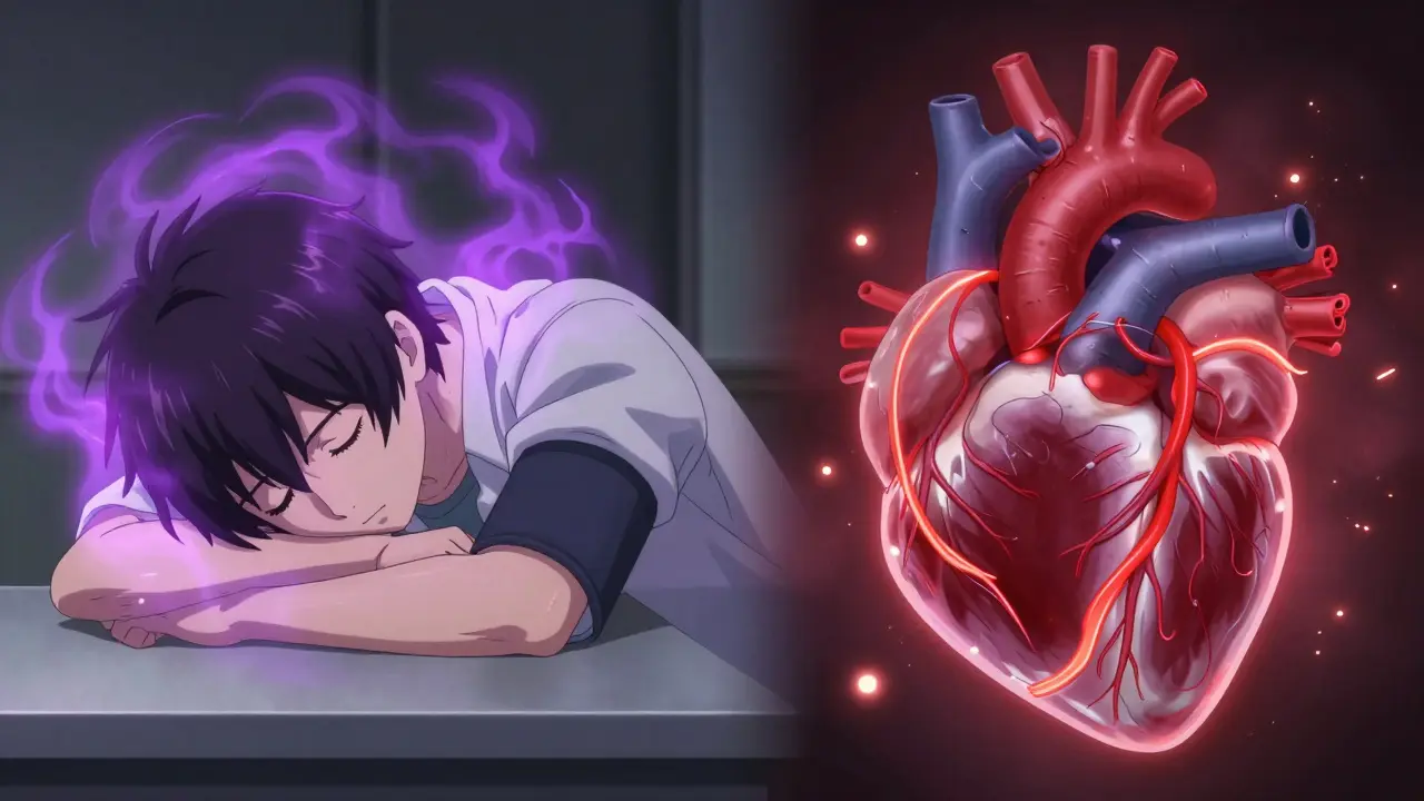 A split screen showing a drowsy person and a glowing anatomical heart emphasizing medication risks.