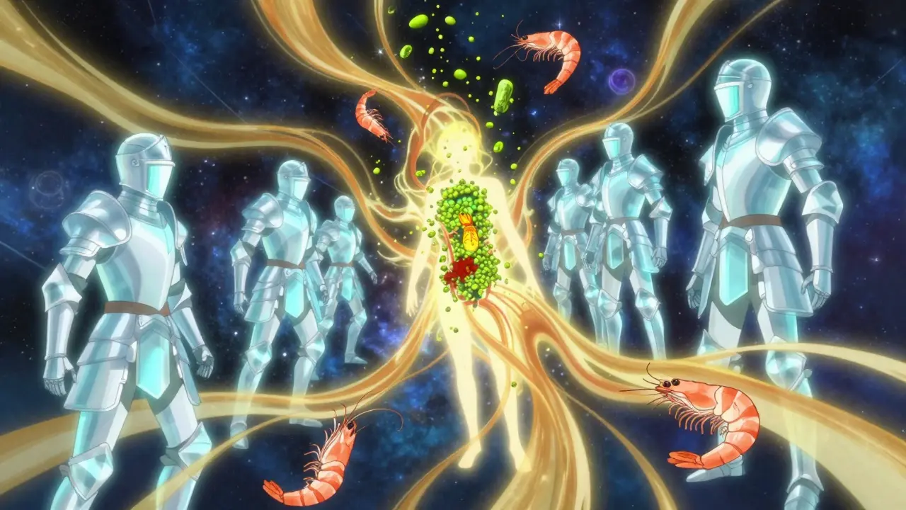 Abstract anime visualization of immune system knights protecting a person from allergens.