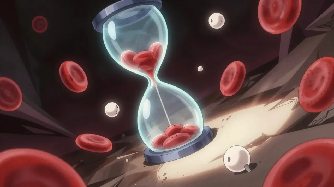 Abstract hourglass symbols representing timing risks during medication transition.