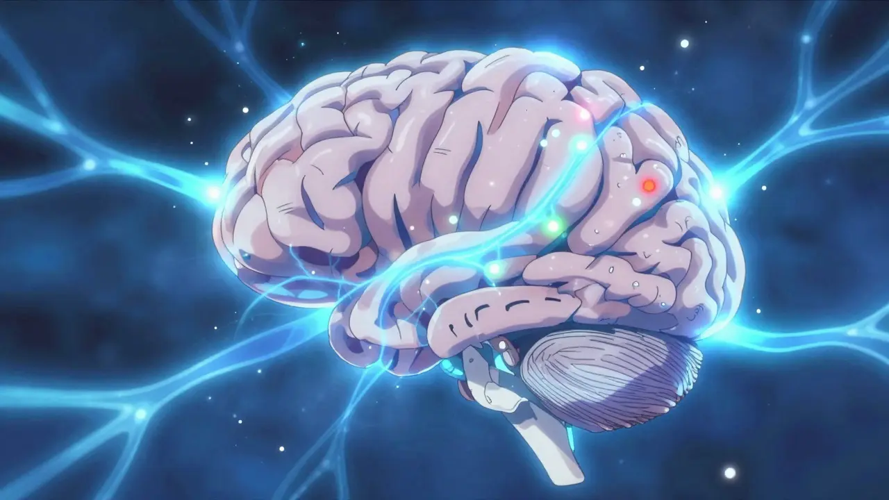 Abstract representation of glowing neurotransmitters moving through neural pathways in the brain