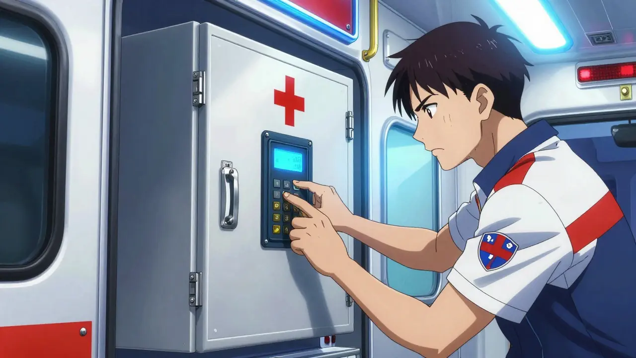 An EMS professional unlocking a secure medical cabinet inside a modern ambulance.