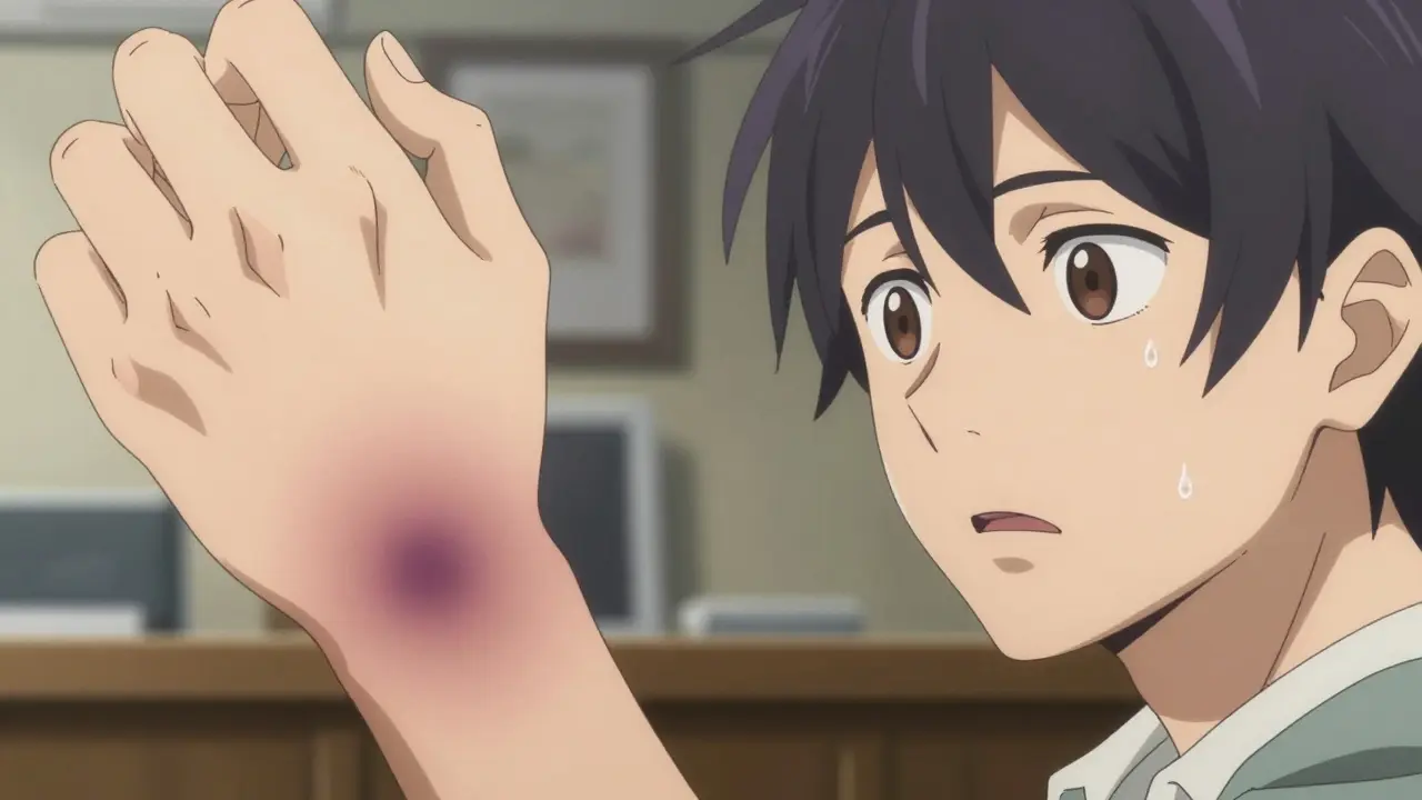 Anime character noticing an unexplained bruise on their wrist, indicating a warning sign of bleeding.