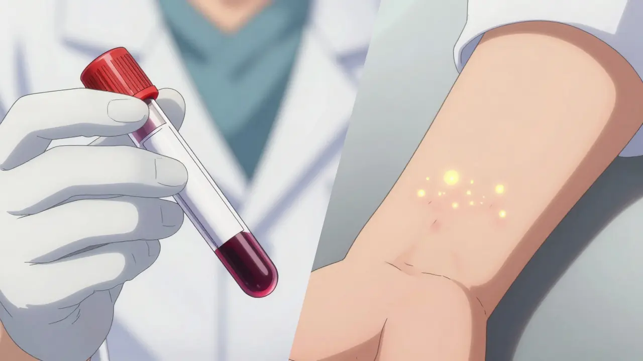 Anime split-screen showing a blood test tube and a skin prick test on a forearm.