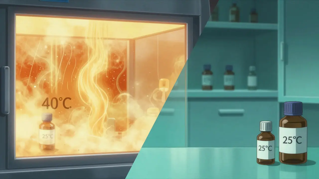 Comparison of pharmaceutical drugs in high-heat accelerated and cool long-term storage chambers.