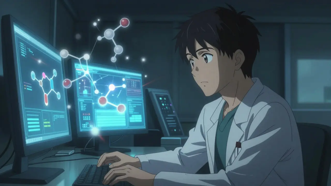 Doctor analyzing medical data with glowing blue interface in dim laboratory setting.