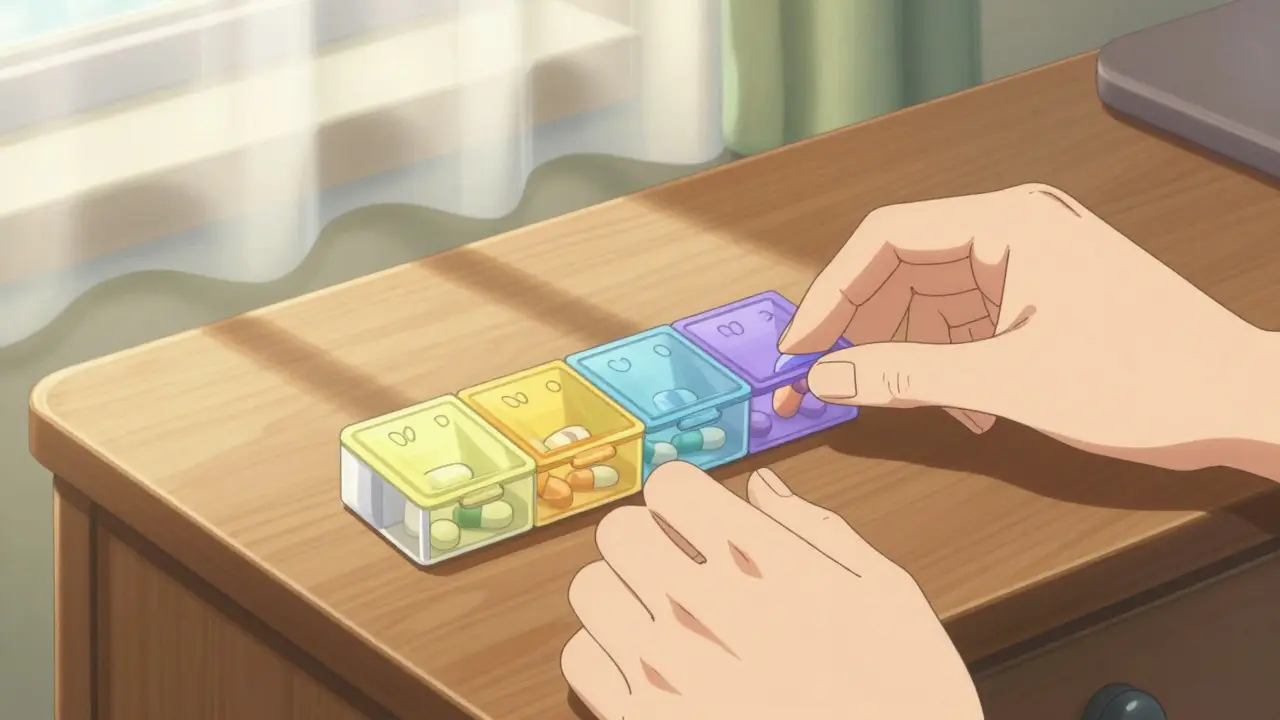 Hand taking daily pills from organizer tray on bedroom nightstand surface.