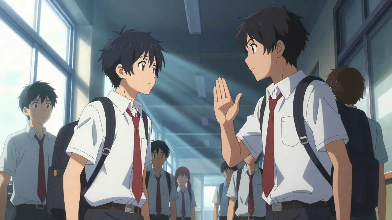 Middle school students practicing refusal skills in a school hallway