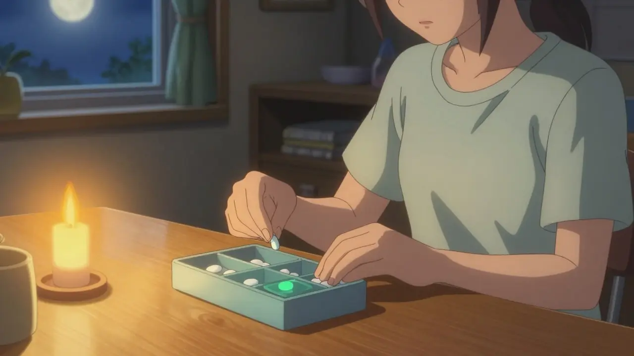 Person organizing pills at home table with soft internal health visualization glow.