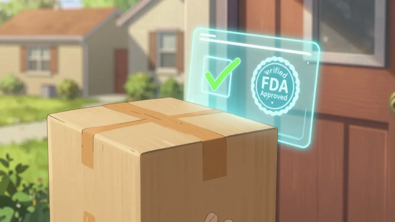 Pharmacy delivery package at a home with a holographic safety verification seal.