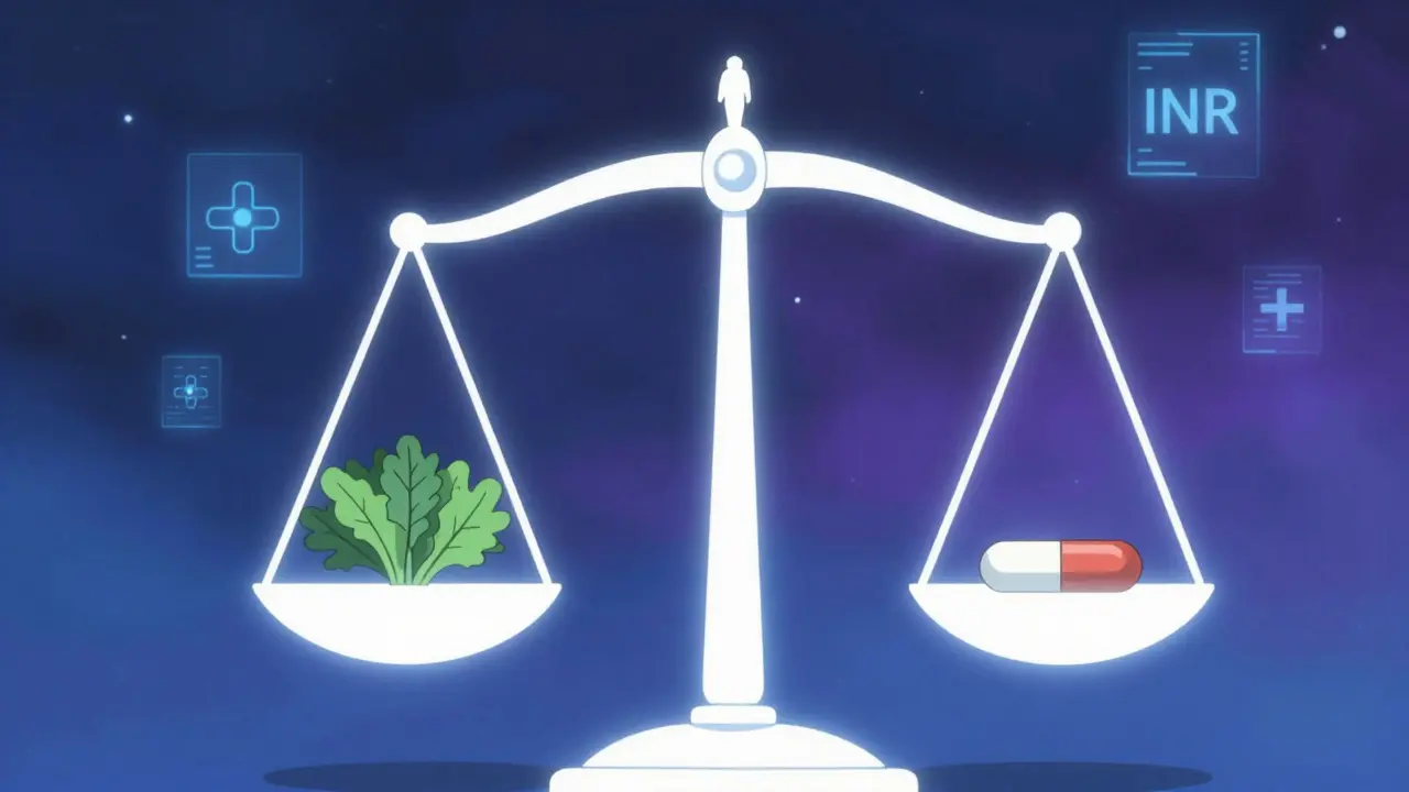 Stylized anime image of a scale balancing leafy greens and a medication tablet.