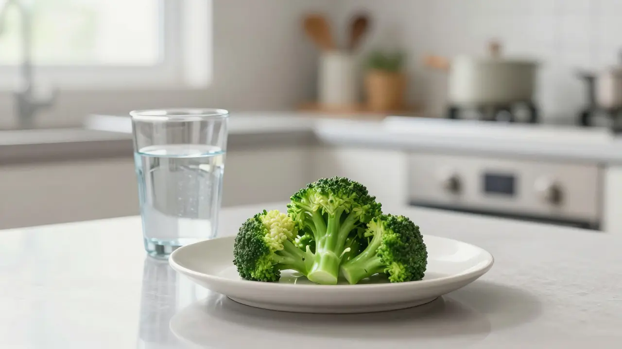 Ufotable style close-up of a measured portion of steamed broccoli on a kitchen table.