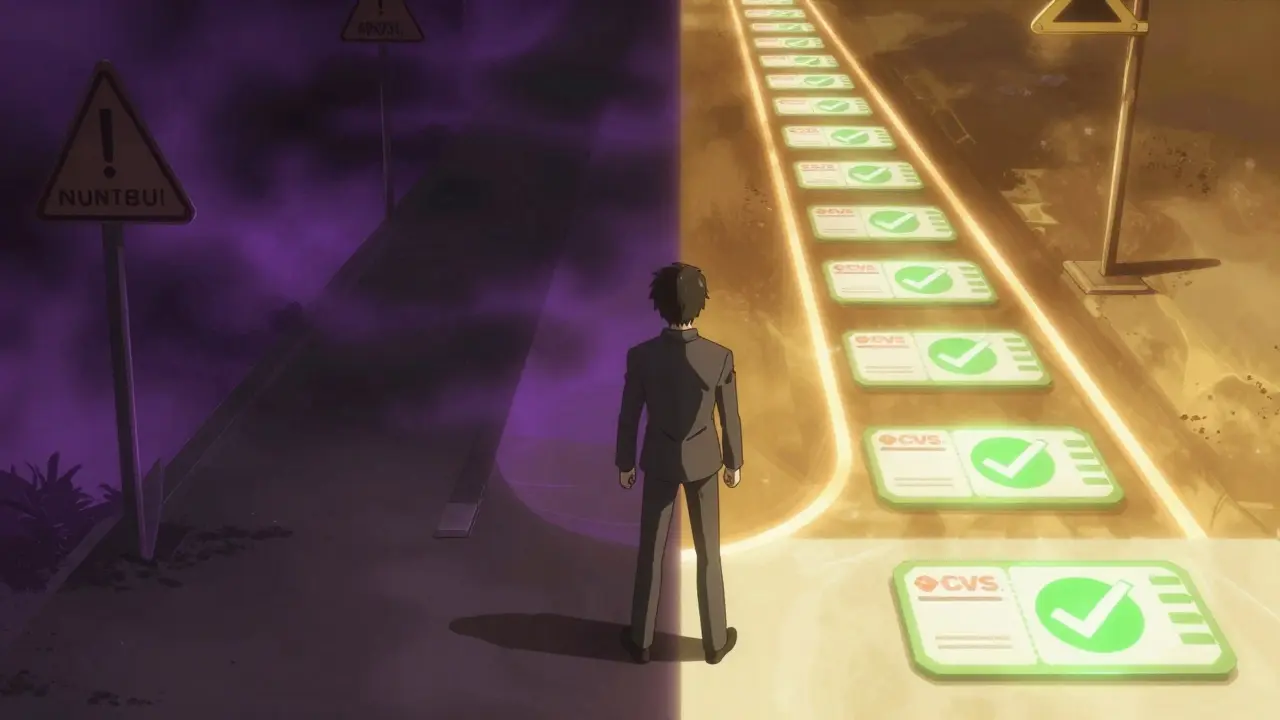 Anime character choosing safe pharmacy over shady site