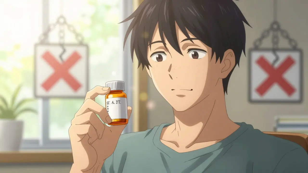 Anime man holding verified medication bottle in warm sunlight, feeling safe.