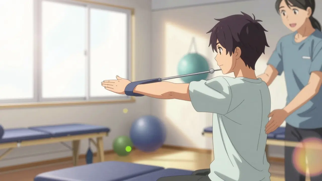 Anime scene of a patient doing hand stretching exercises in a bright therapy room.