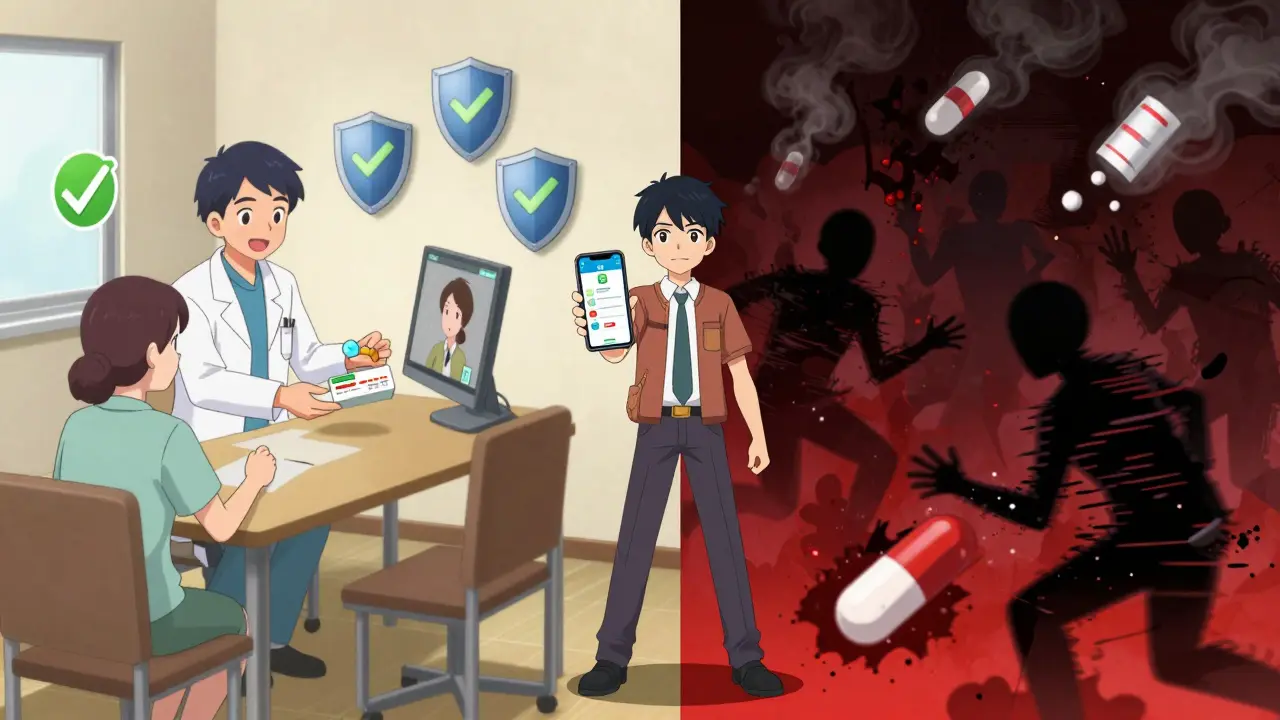Anime split screen showing safe telemedicine vs dangerous scam pharmacies.