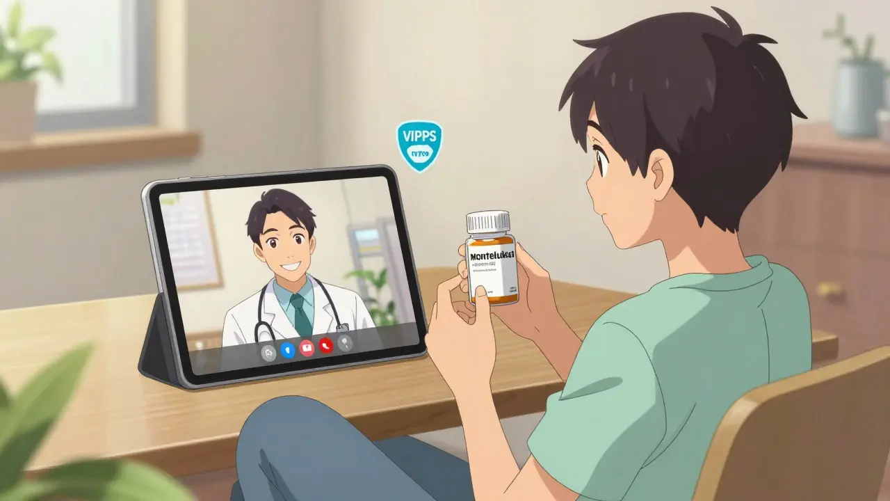 Anime style telehealth consultation with doctor on tablet, emphasizing safe prescription process