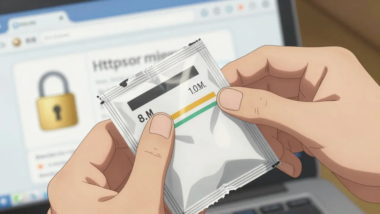 Close-up of hands checking medication packaging for authenticity and safety details