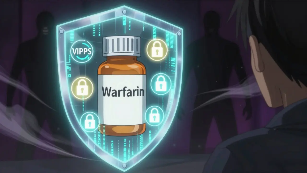 Digital shield protecting a warfarin bottle from shadowy counterfeit threats