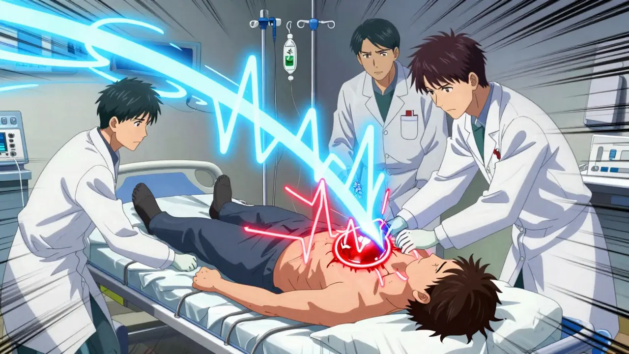 Emergency treatment stabilizing a patient's heart rhythm during hyperkalemia crisis.
