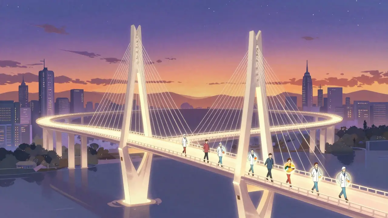 Futuristic bridge symbolizing accessible healthcare and savings
