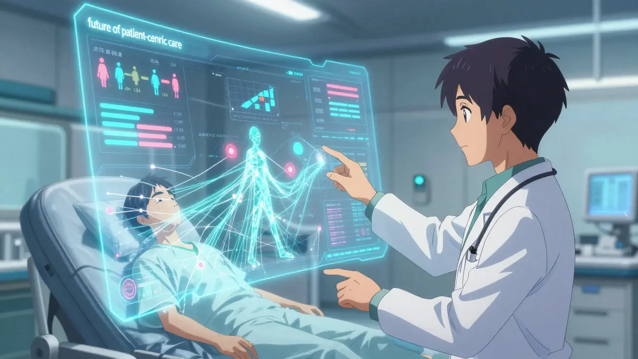 Futuristic hospital using AI to personalize patient care and adherence