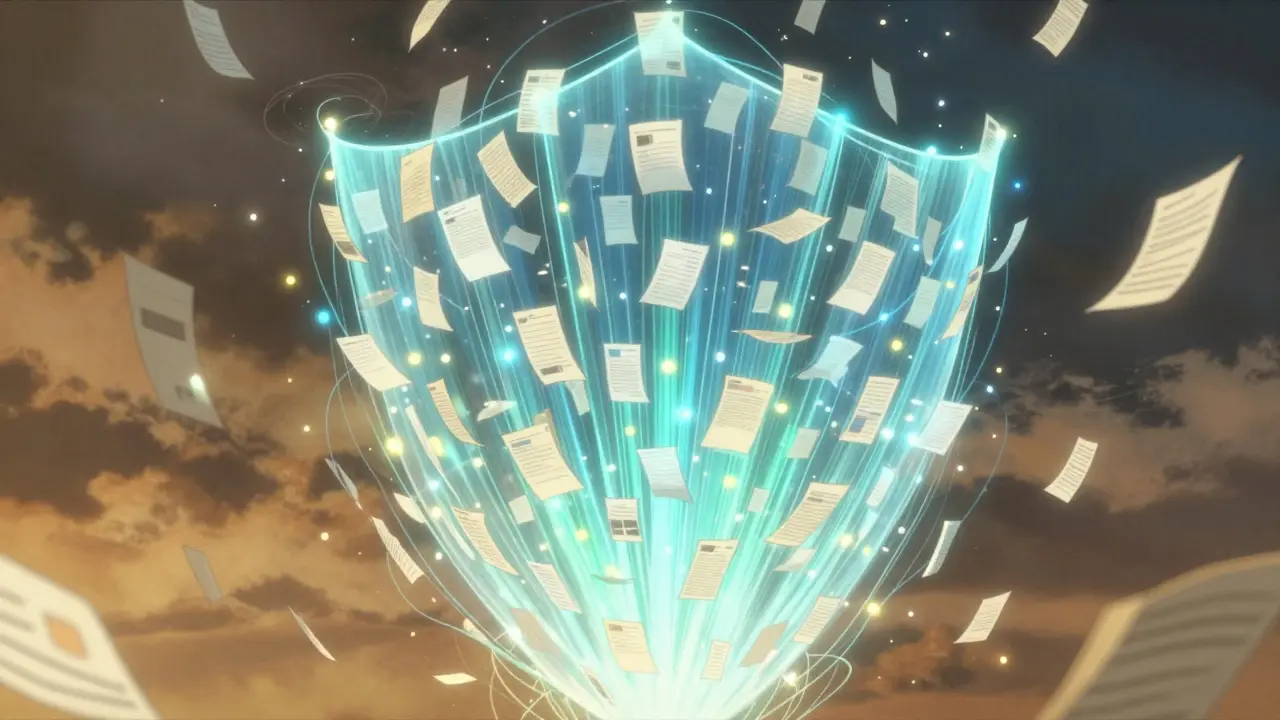 Glowing forms merging into a protective data network shield