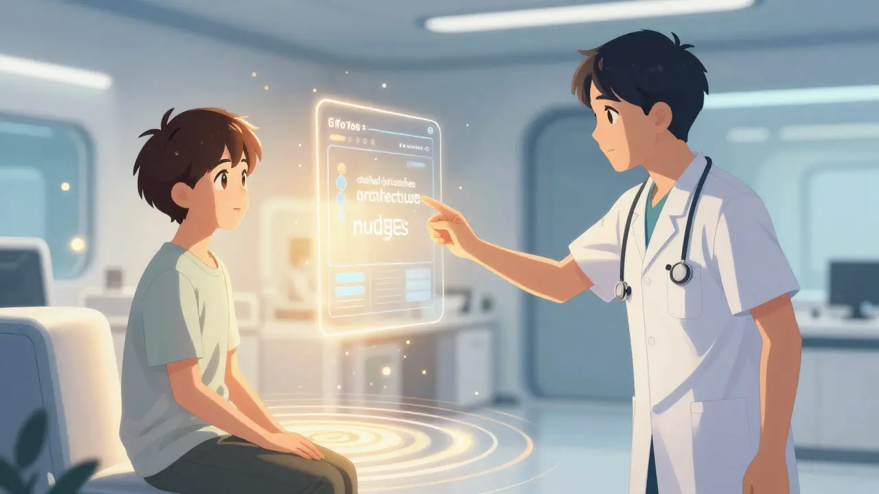 Healthcare worker guiding patient choices with subtle environmental nudges