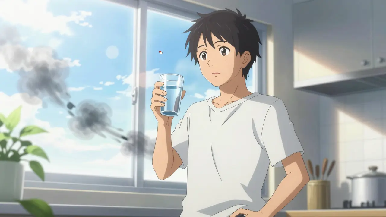 Healthy person taking medication with water