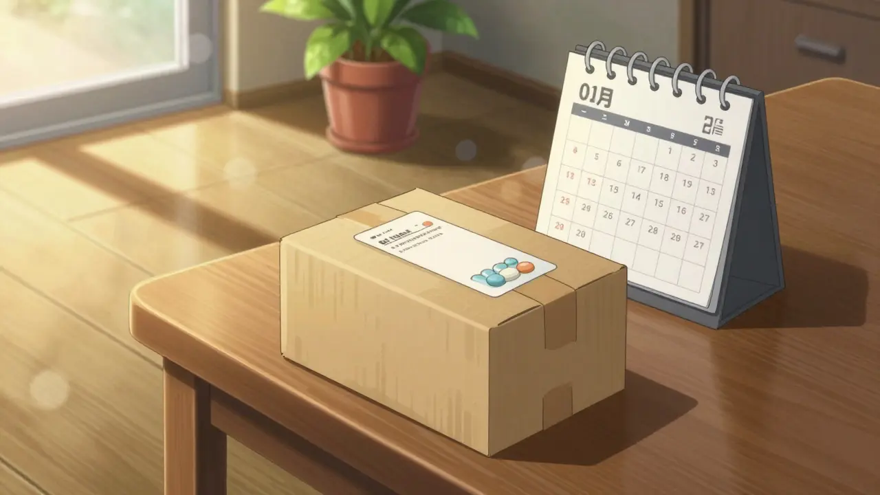 Medication package on a sunlit table with a calendar showing delivery date