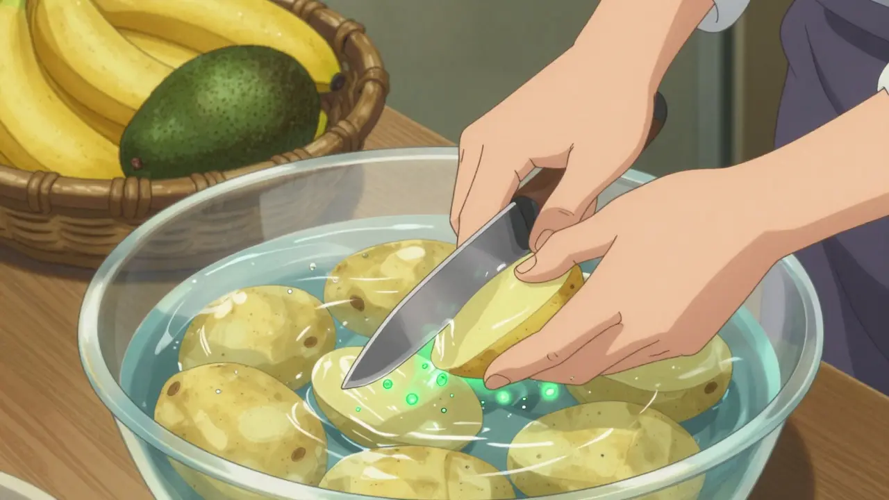 Potatoes soaking in water to remove potassium, with high-potassium fruits nearby.