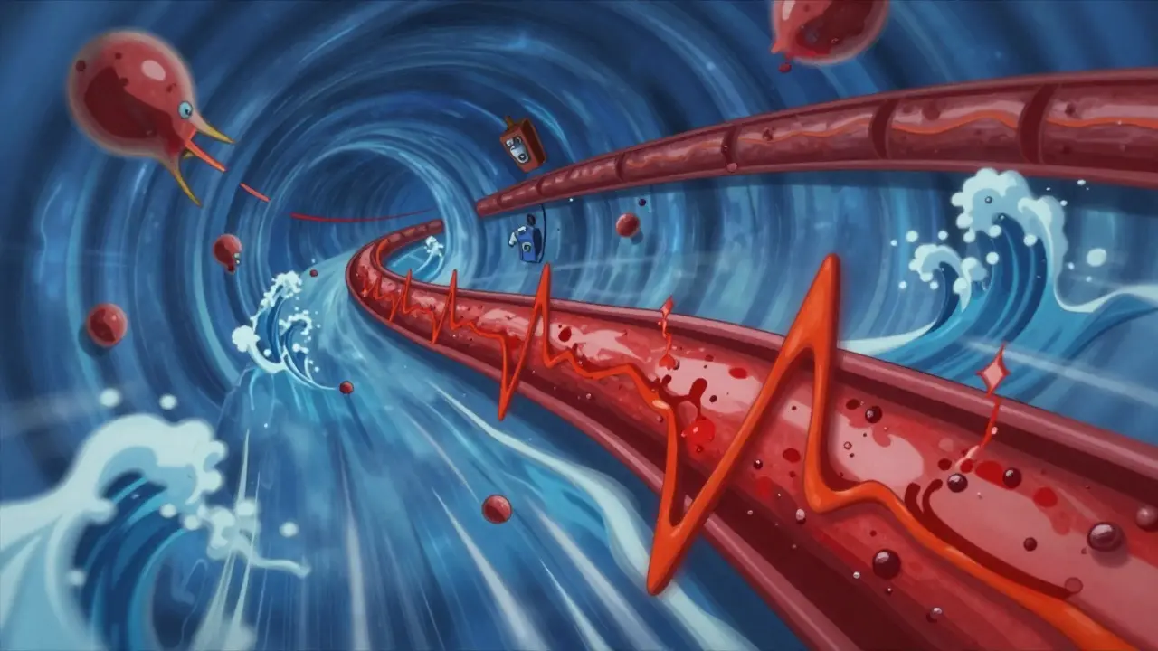 Stylized anime view of turbulent blood vessels due to drug interaction