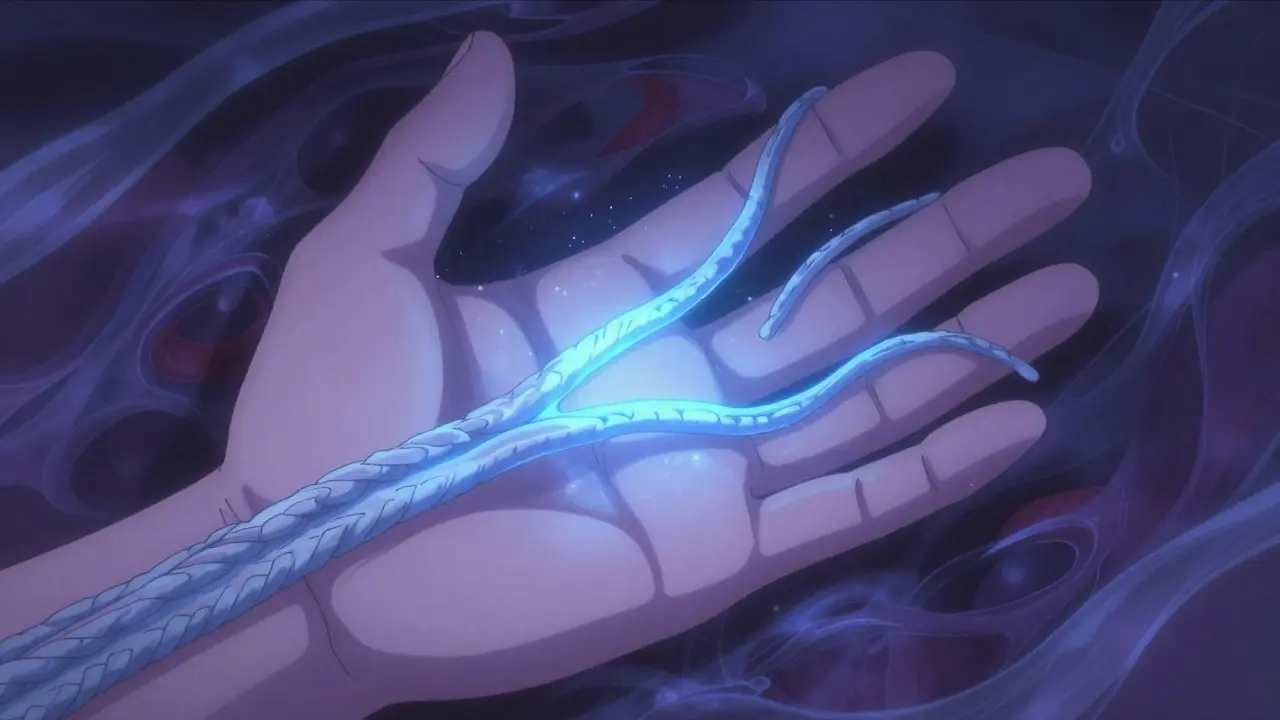 Stylized medical illustration showing thickened cords in the palm pulling fingers inward.