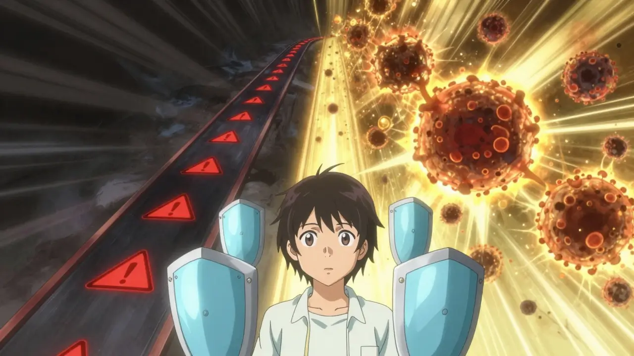 Ufotable style illustration showing improved outcomes with immunotherapy