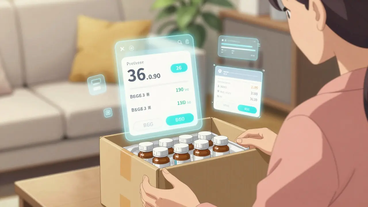 Unboxing prescription medication delivery with digital savings indicators