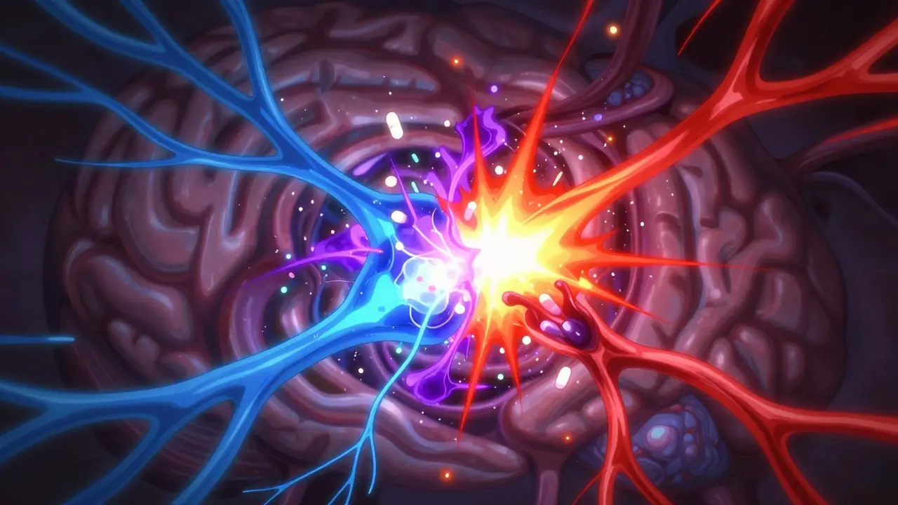 Abstract visualization of neurotransmitter collision causing serotonin syndrome