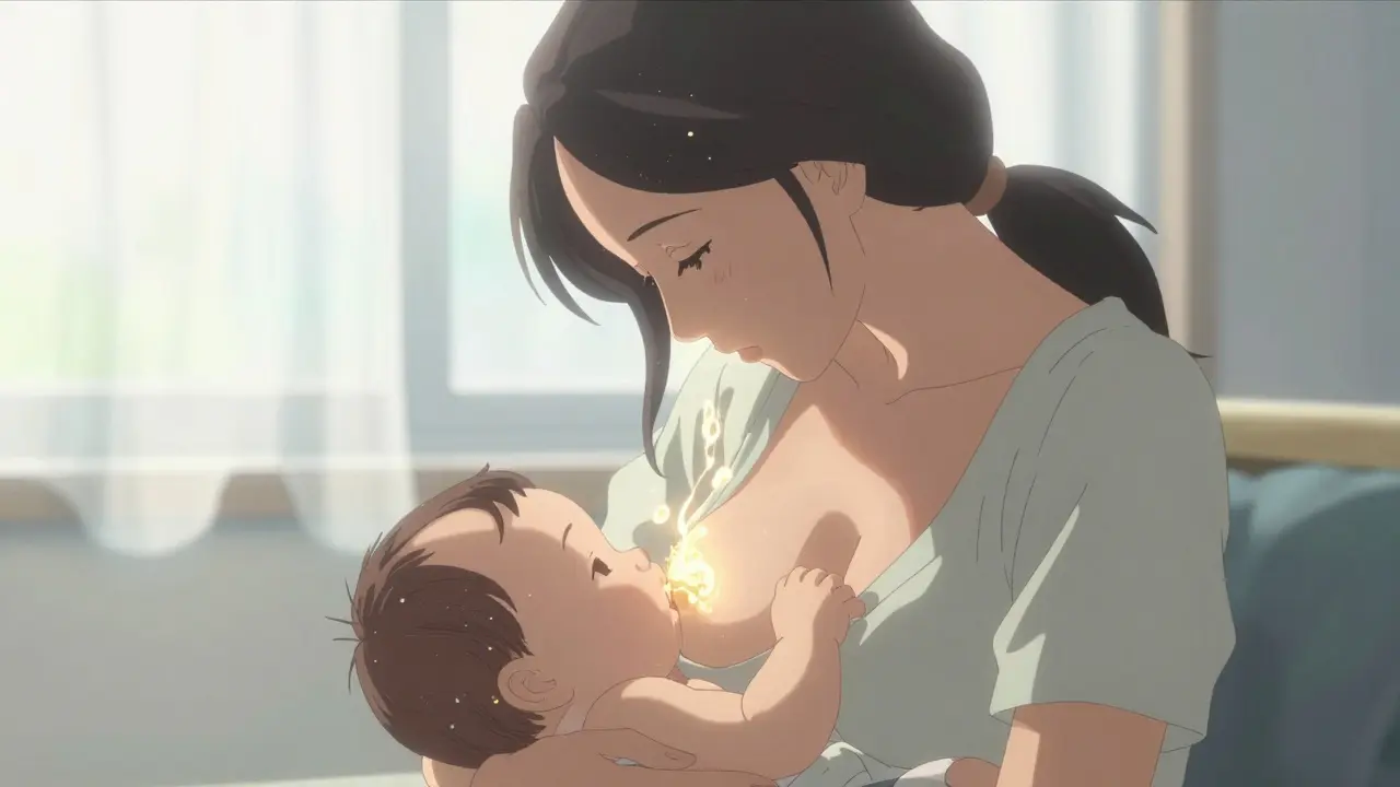Anime mother breastfeeding with safety light effects