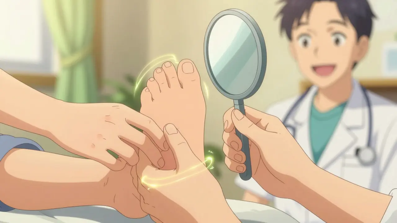 Anime patient carefully inspecting feet with a mirror for foot care